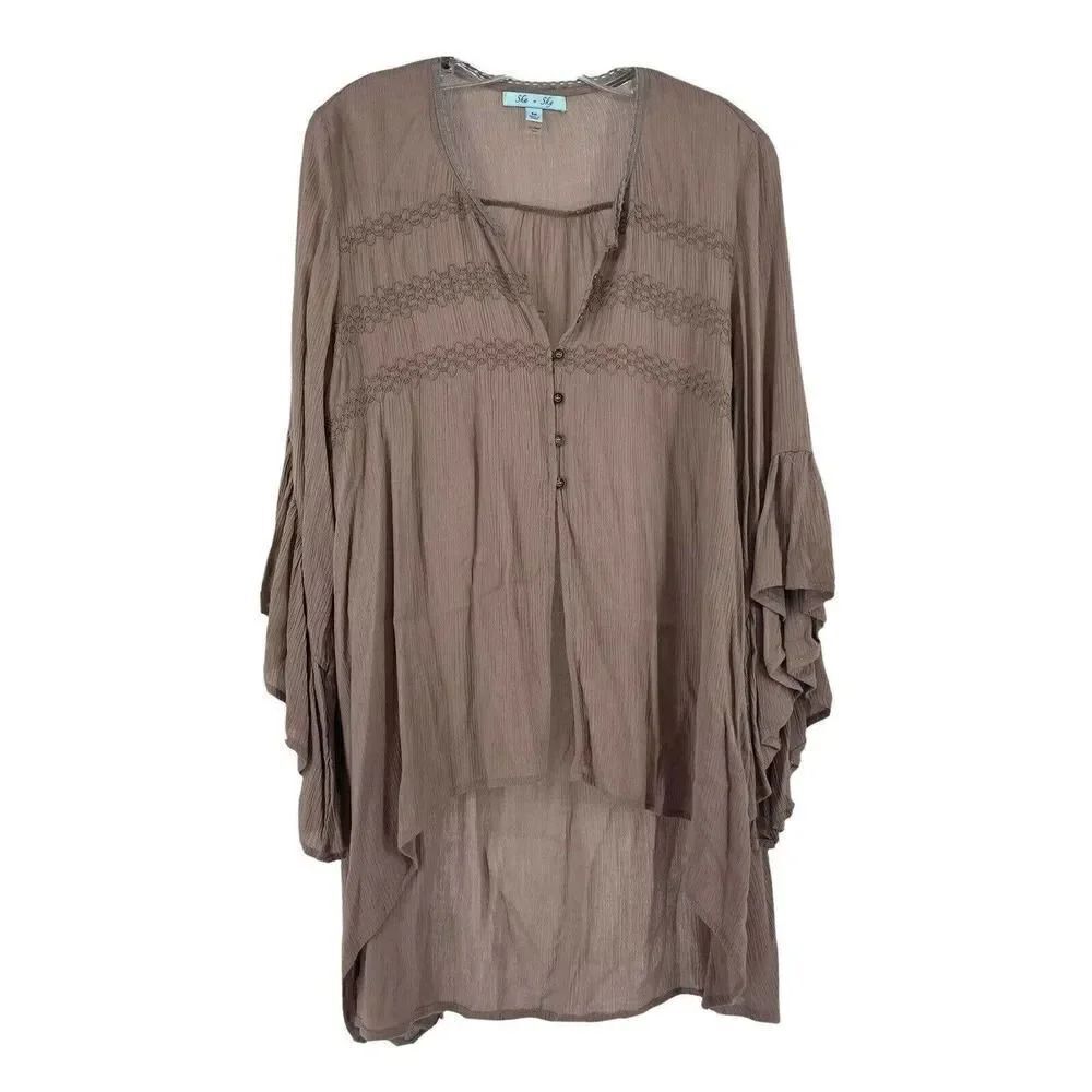 Bohemian Bell Sleeve Blouse V Neck Taupe Flare Button Relaxed Size M She + Sky